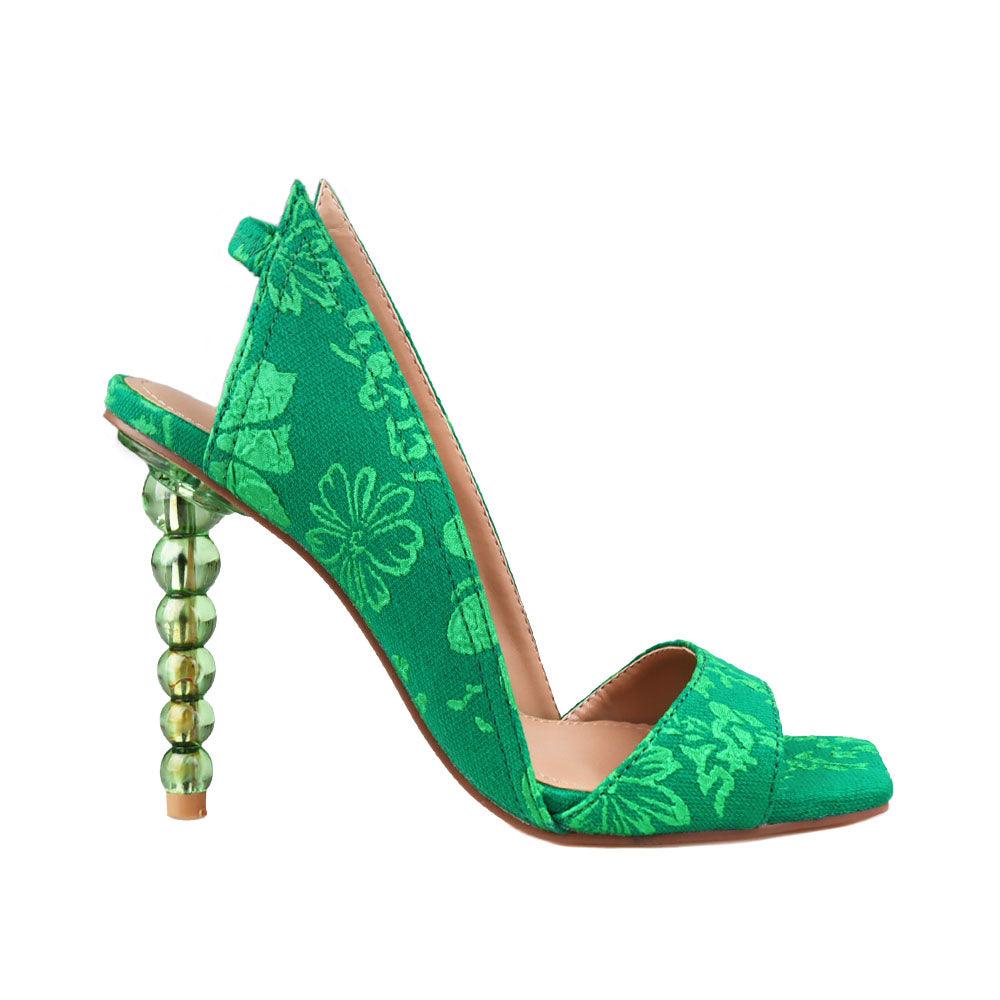 Women's vegan leather shoes with pearl heel in green floral pattern