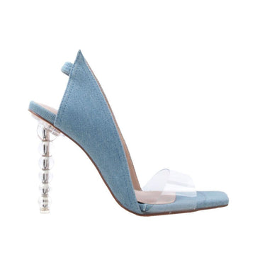 Vegan leather upper women shoes with pearl heel in blue color