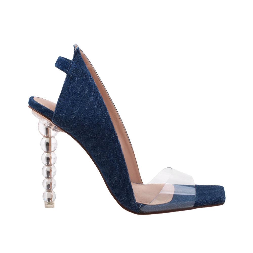 Vegan leather upper women shoes with pearl heel in dark blue