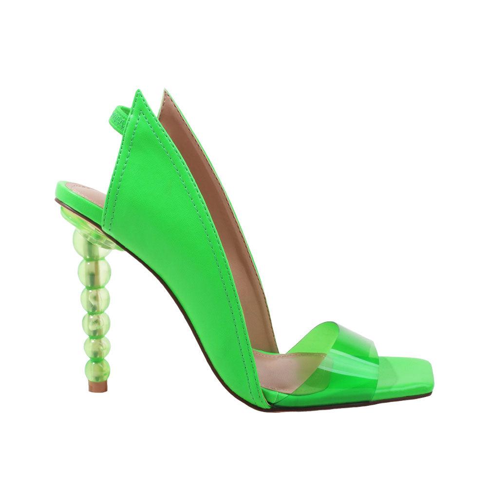 Vegan leather upper women shoes with pearl heel in lime green