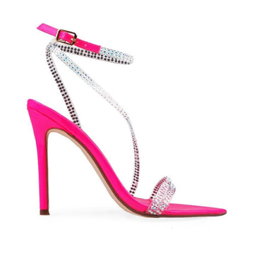 Pink colored heels with crystal embellished upper and ankle buckle clasp