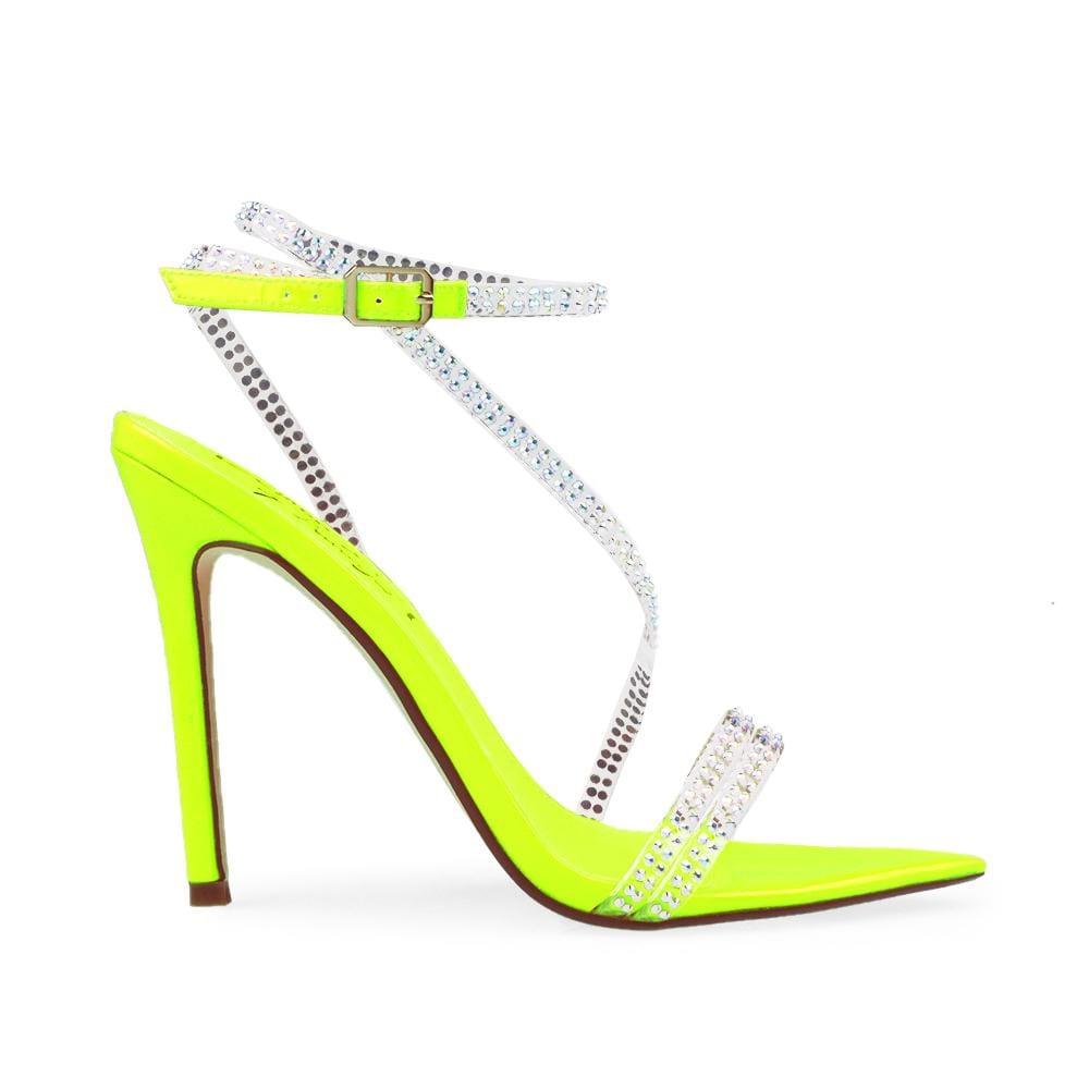 Yellow heels with a crystal adorned top and ankle buckle clasp