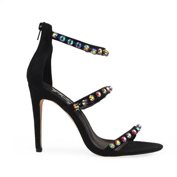 Black heels with gemstone embellished straps and back zipper clasp