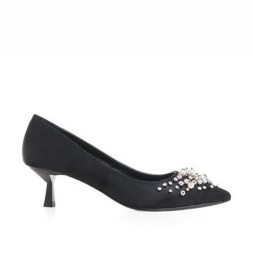 Black heels with bead embellished top and pointed toe