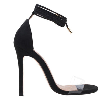 Black colored women heels with clear strap and ankle tie closure