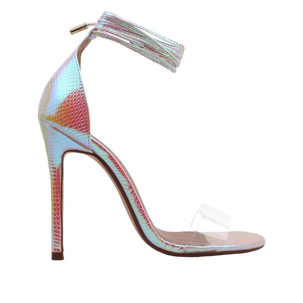 Women's multi-colored shoes with clear strap and ankle tie clasp.