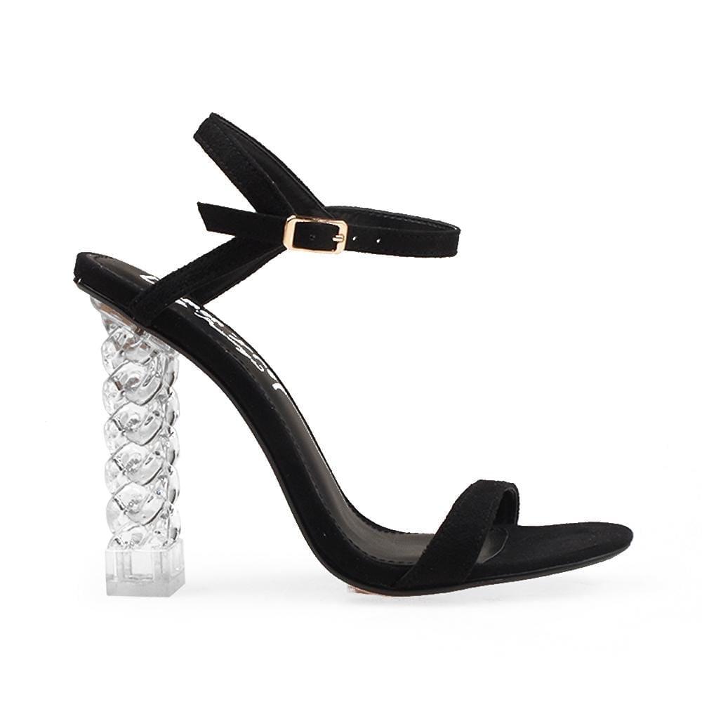 Black diamond block heels with ankle buckle closure