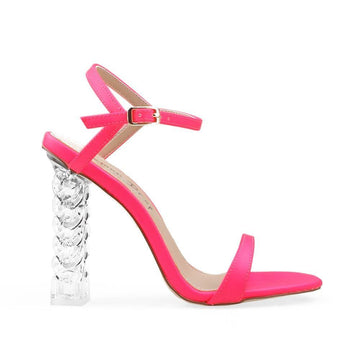 Neon pink heels with diamond block and ankle buckle clasp