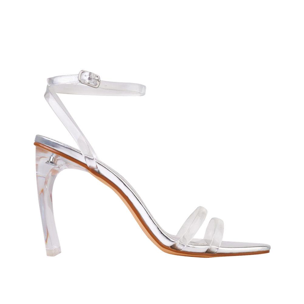 Women's transparent heels with silver top and ankle buckle strap