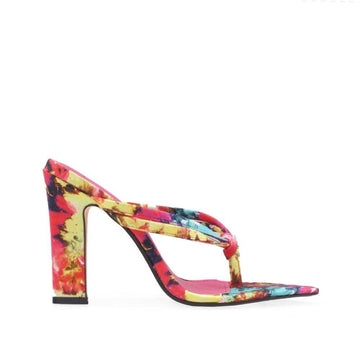 Pointed toe heels with slip-on design in pink multi-color.