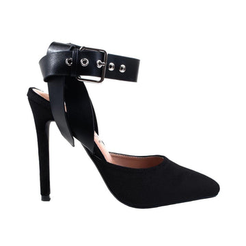 Black colored heels with velvet upper and ankle buckle closure