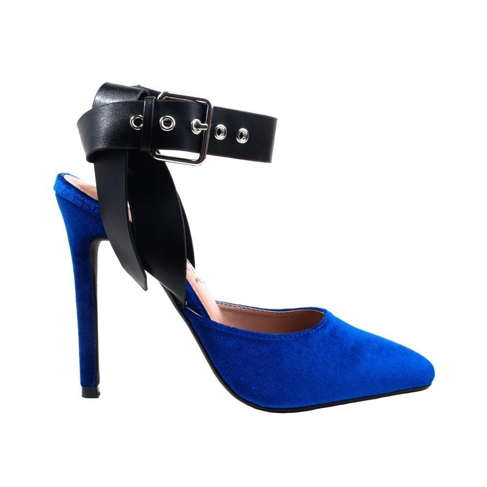 Cobalt velvet top heels with black ankle buckle fastening and pointed toe