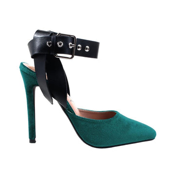 Green colored velvet top heels with black ankle clasp and pointy toe.