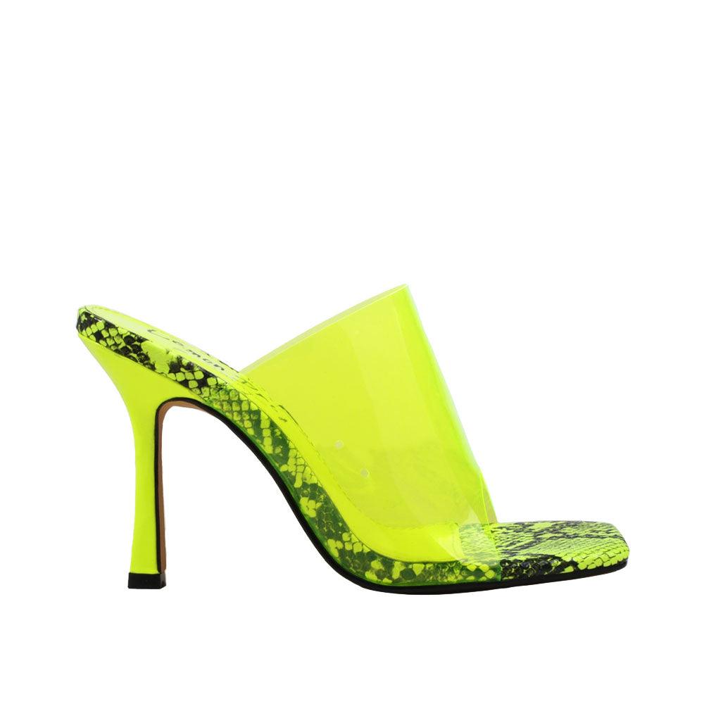 Green women's heels with an open toe and transparent upper