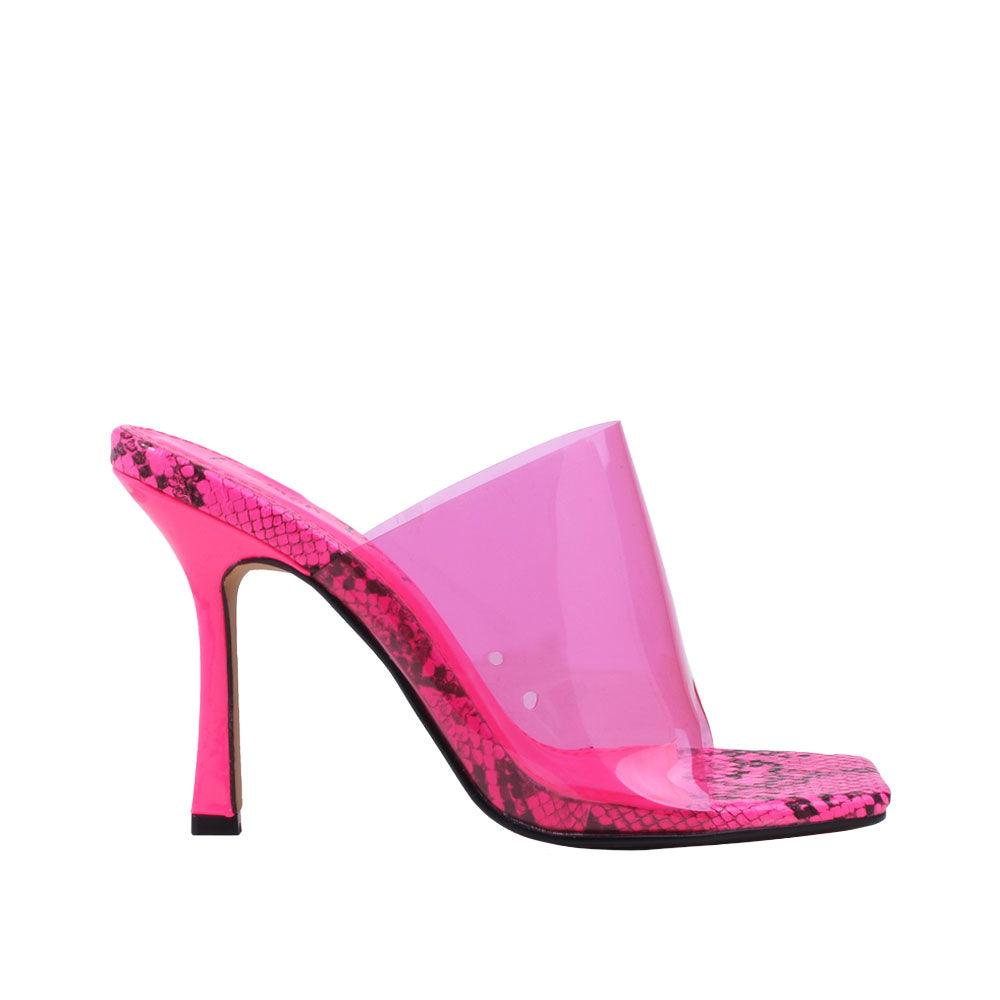 Women heels in pink color with open toe and translucent upper