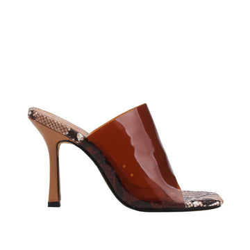 Tan colored heel with open toe and translucent upper