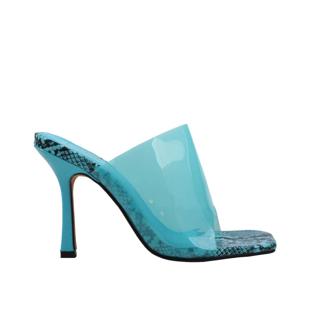 Turquoise open-toed women's heels with a translucent upper