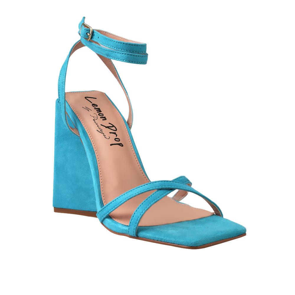 Turquoise colored heels for women with an open toe and ankle buckle fastening.