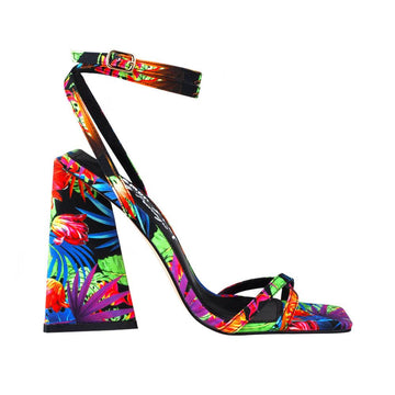 Women's multi-coloured heels with an open toe and ankle buckle closure.
