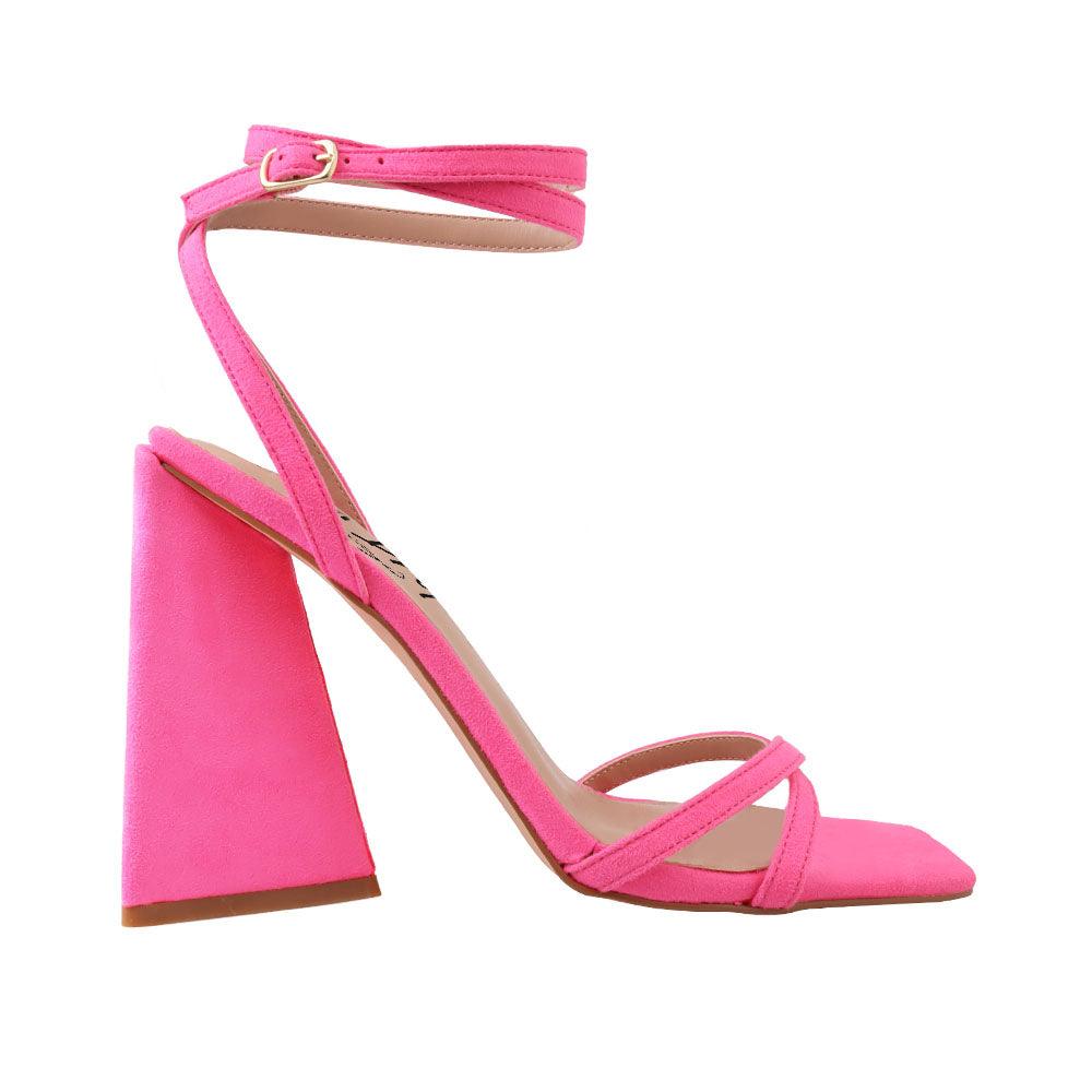 Women's pink heels with an open toe style and an ankle buckle fastening.