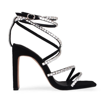Black colored heels with gem embellished straps design and ankle buckle closure