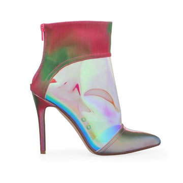 Multi colored women shoes with stiletto heels and rear zipper clasp.