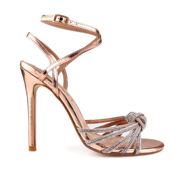 Rose gold women heels with jewel embellished strap design and ankle buckle clasp