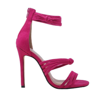 Fuchsia heels with tie straps and zip clasp at the back.