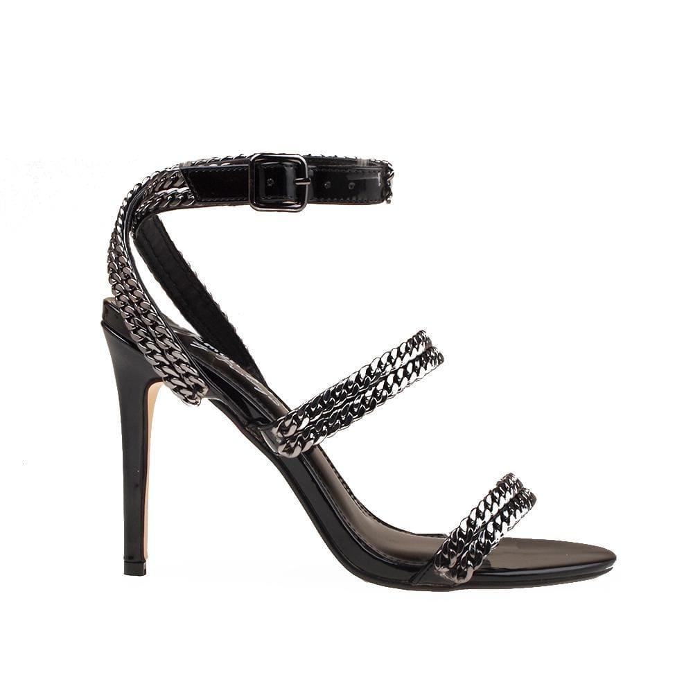 Ankle buckle sandal heels in black with metallic chain design