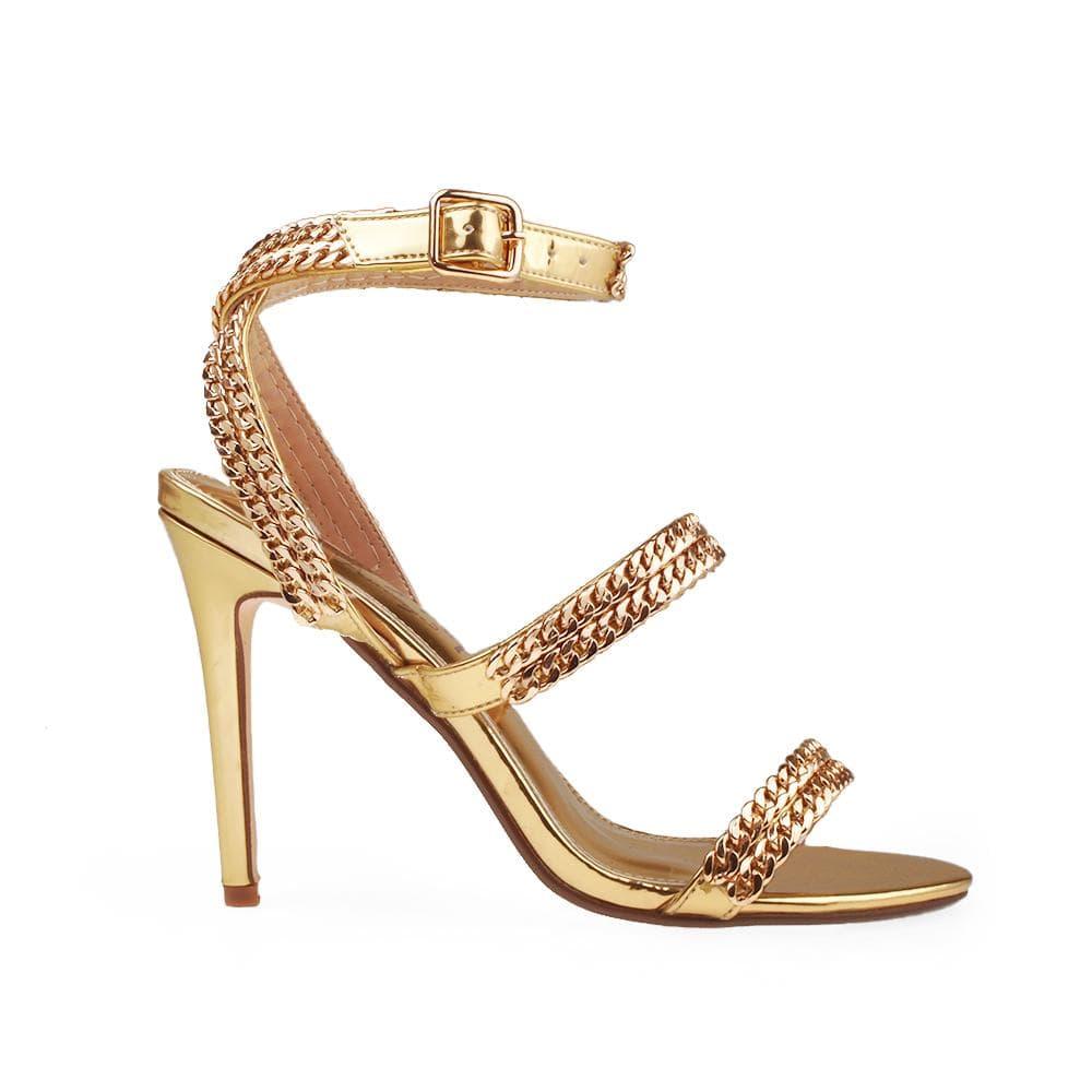 Golden ankle buckle sandal heels with metallic chain accent