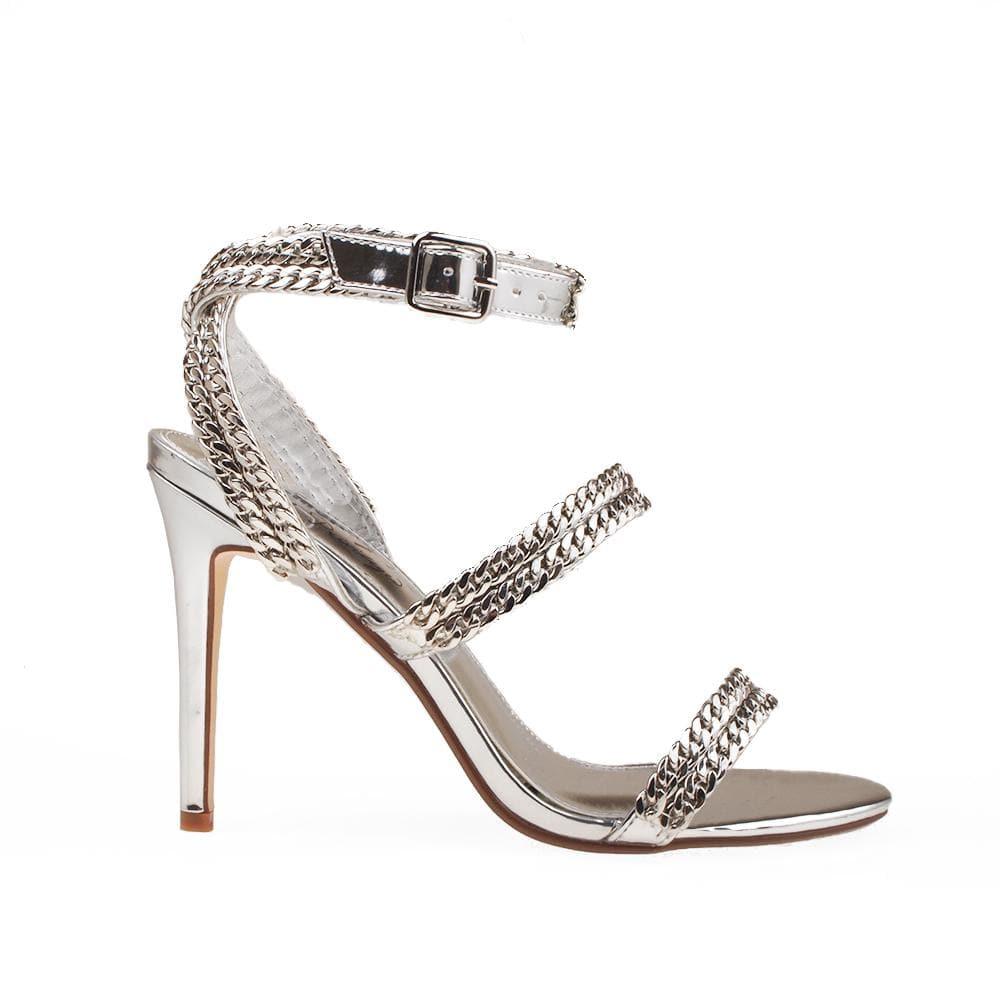 Silver sandal heels with metallic chain accent and ankle buckle clasp