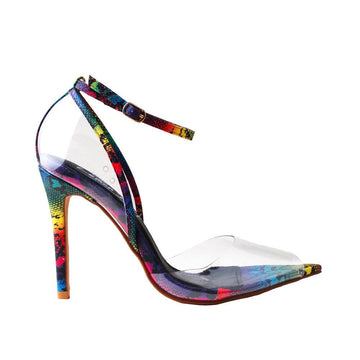 Rainbow-colored snake pattern heels for women with clear upper, ankle buckle closure, and pointy toe.