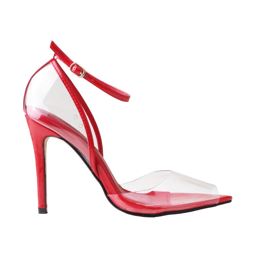 Red heels for women with clear top, ankle buckle closure, and pointed toe.