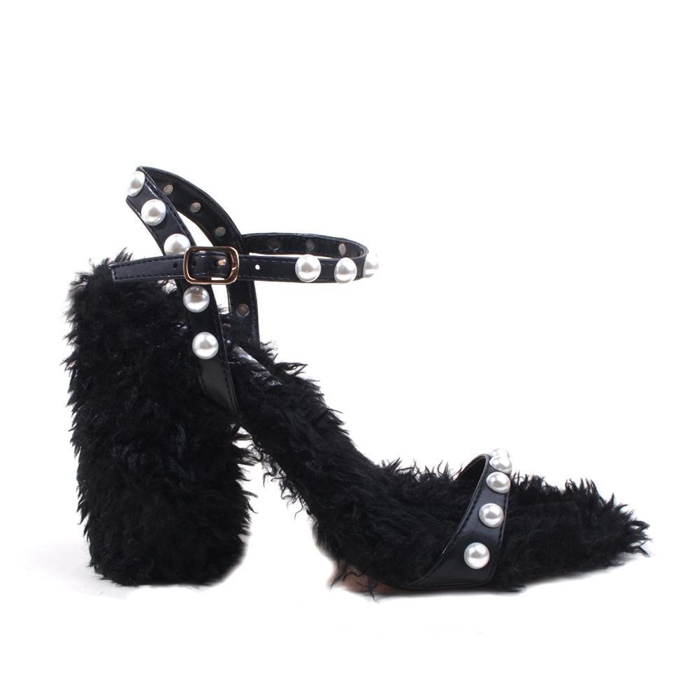 Black pearl studded shearling upper heels with ankle buckle closure