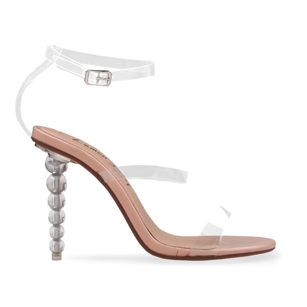 Nude beaded heels with translucent ankle buckle clasp