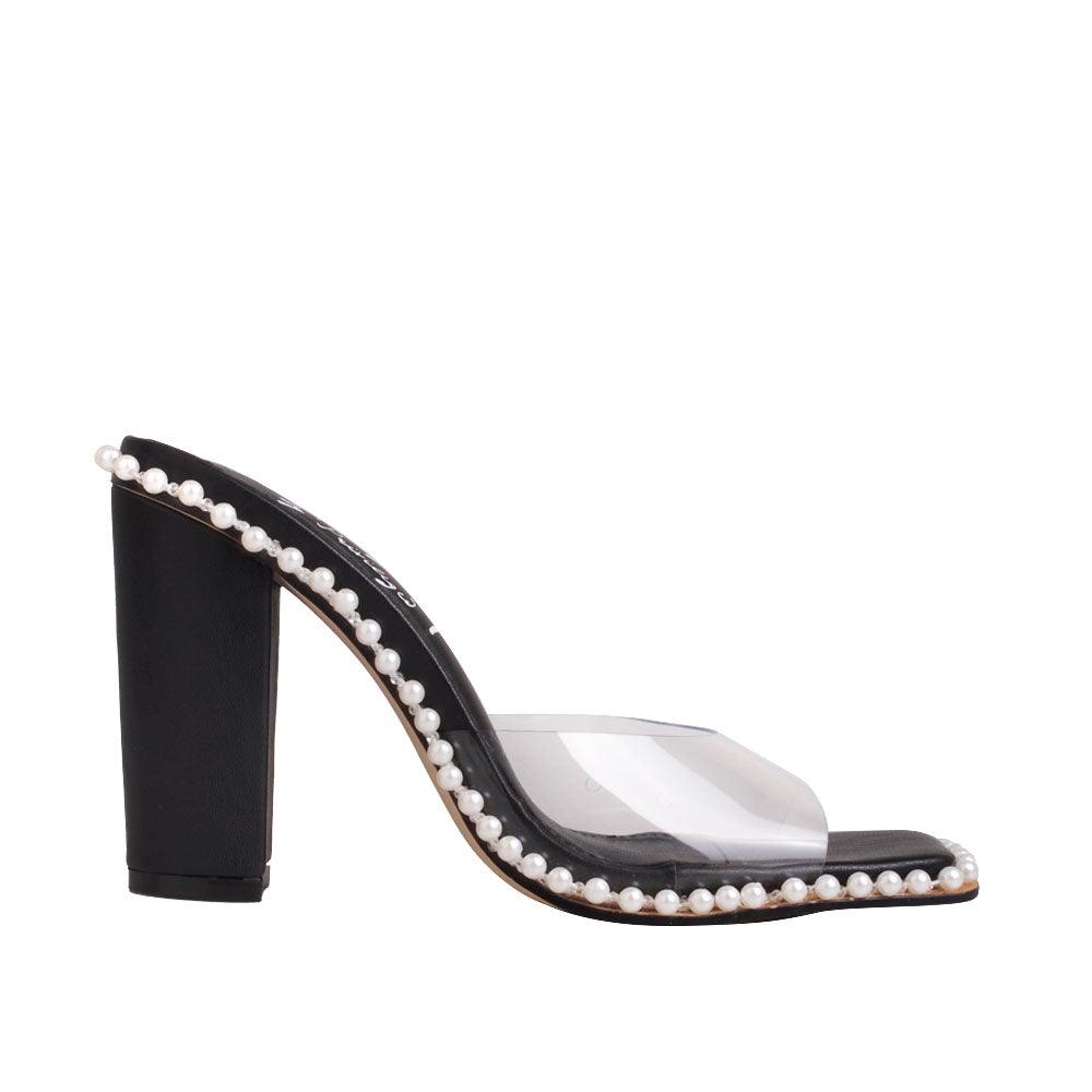 Black heels for women with side bead decoration and clear upper.