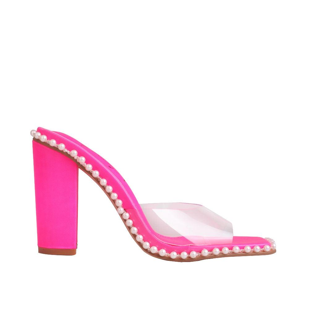 Fuchsia women heels with bead embellished side and clear upper