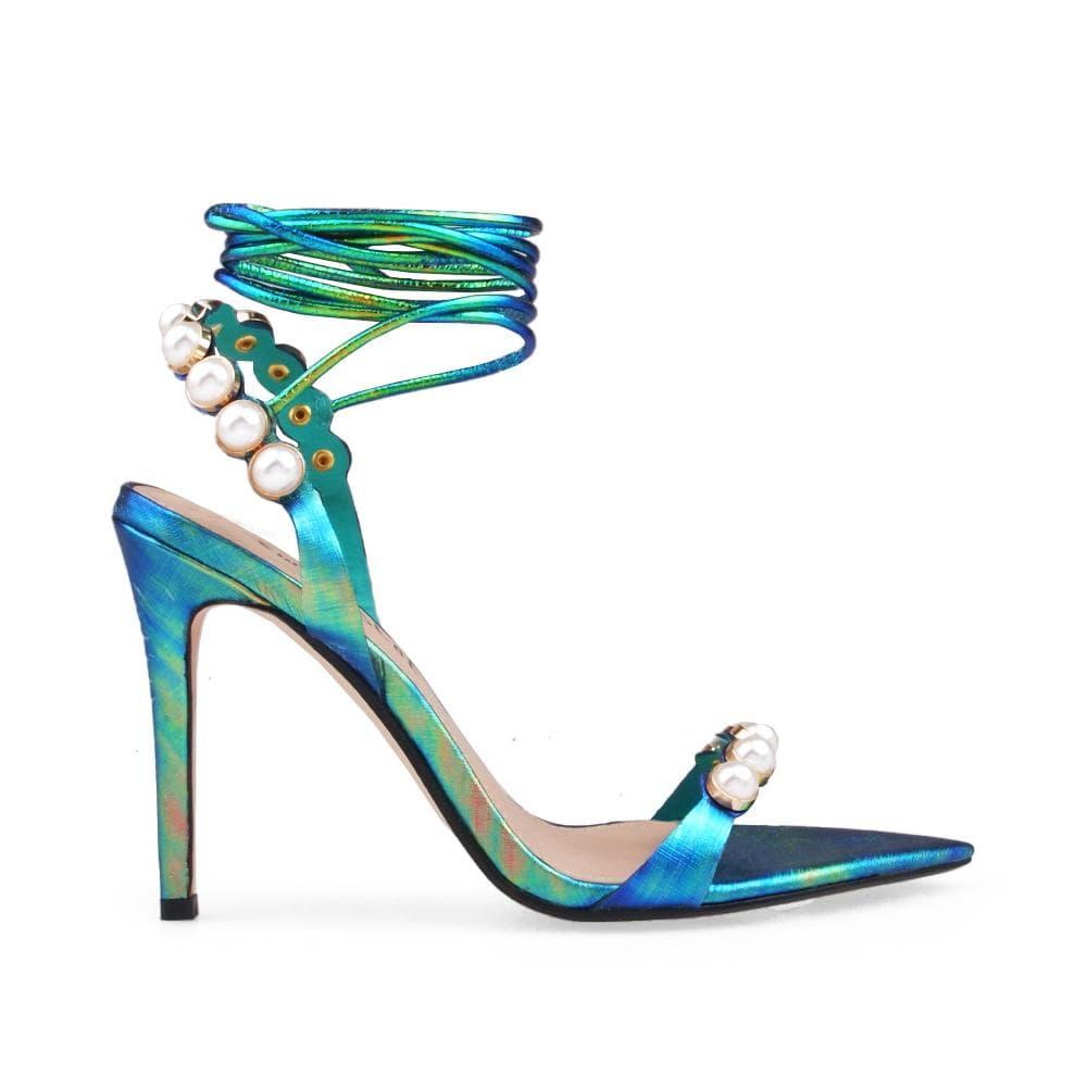 Green colored women heels with pearl accent and ankle tie clasp