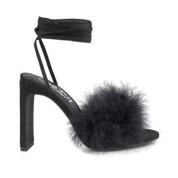 Black women heels with ankle lace tie clasp and furry upper