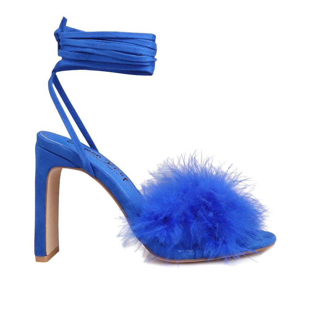 Cobalt women heels with ankle lace tie clasp and furry upper