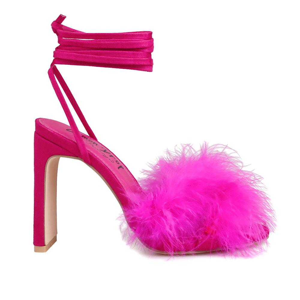 Fuchsia women heels with ankle lace tie clasp and furry upper