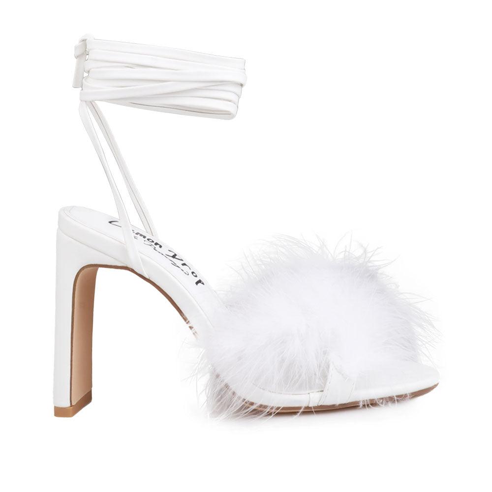 White women heels with ankle lace tie clasp and furry upper