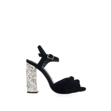 Rhinestone embellished women heels with black upper, open toe design and ankle buckle clasp