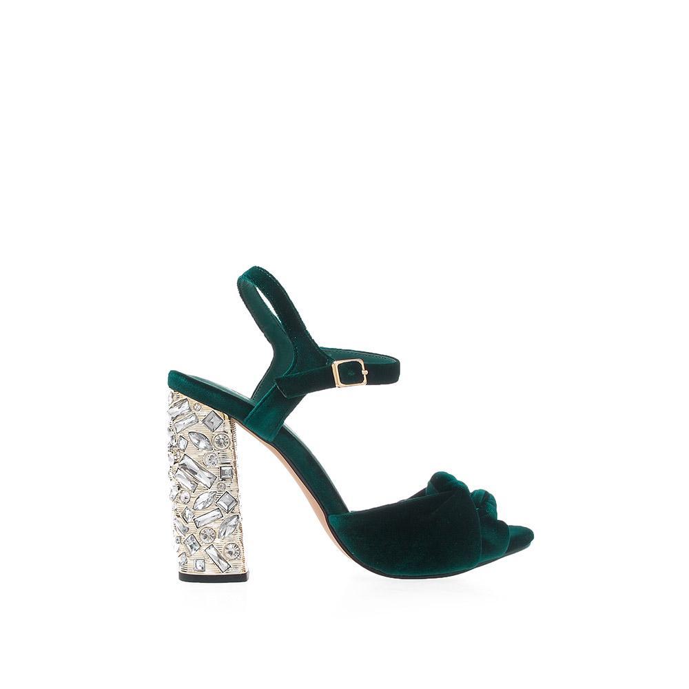 Women's rhinestone block heels with green upper, open toe design, and ankle buckle clasp