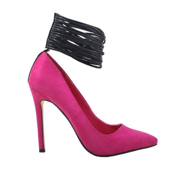 Fuchsia colored heels with pointed toe, stiletto heel and rear button clasp with black ankle tie design