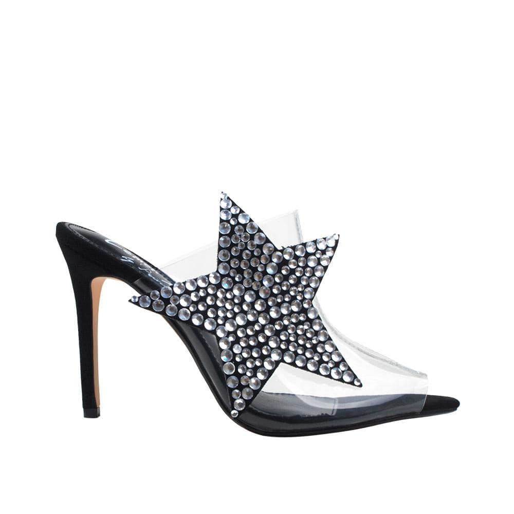 Black women heels with clear upper, rhinestone studded star design and slip-on style