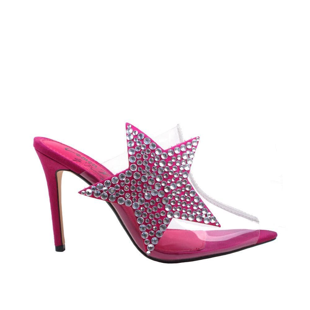 Fuchsia women heels with clear upper, rhinestone studded star design and slip-on style