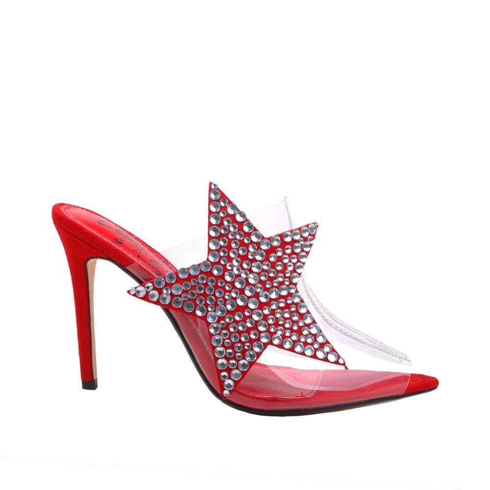 Red women heels with clear upper, rhinestone studded star design and slip-on style