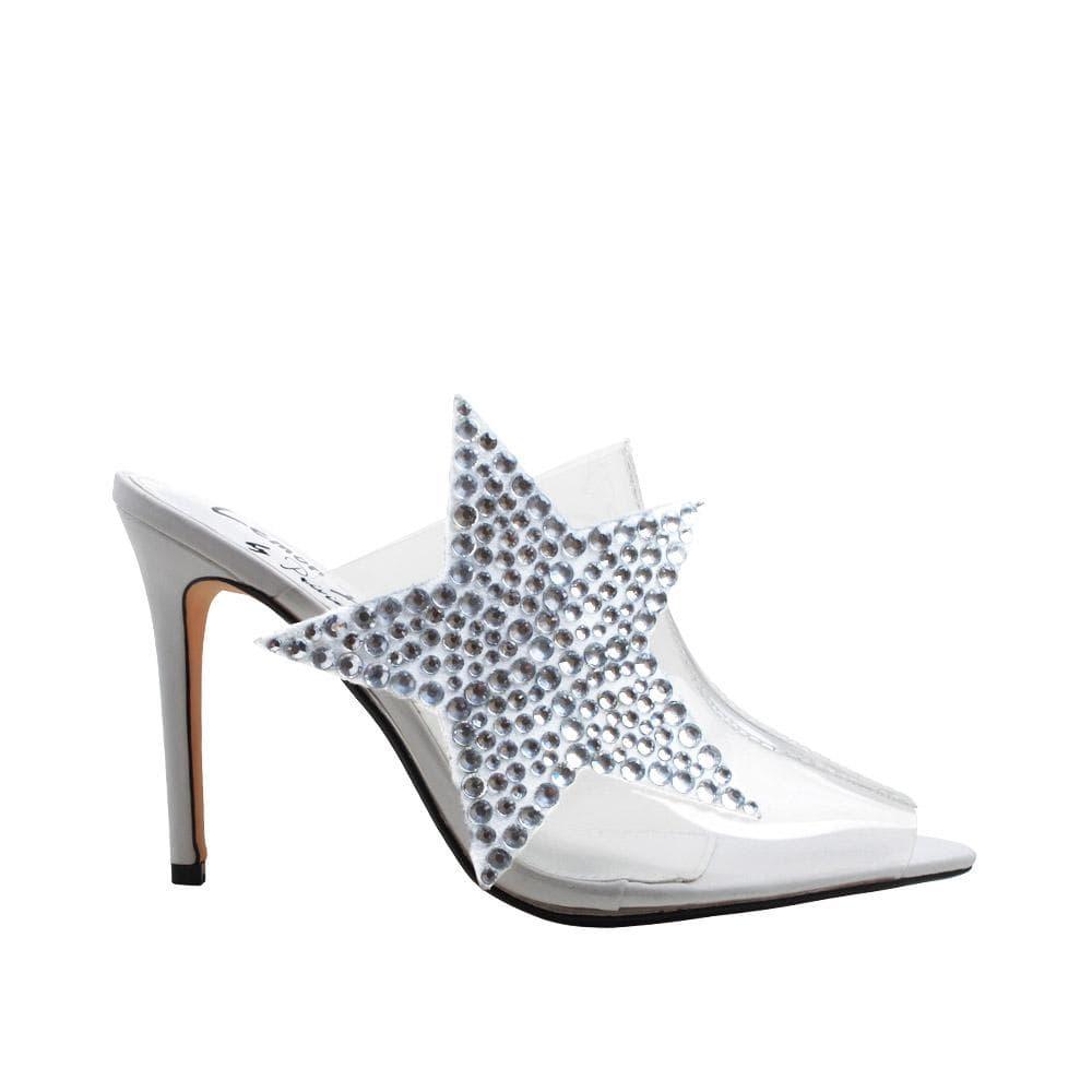 White women heels with clear upper, rhinestone studded star design and slip-on style