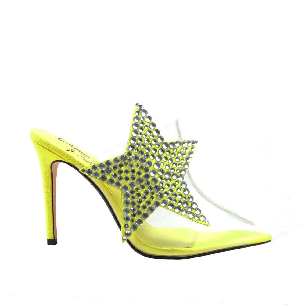 Yellow women heels with clear upper, rhinestone studded star design and slip-on style